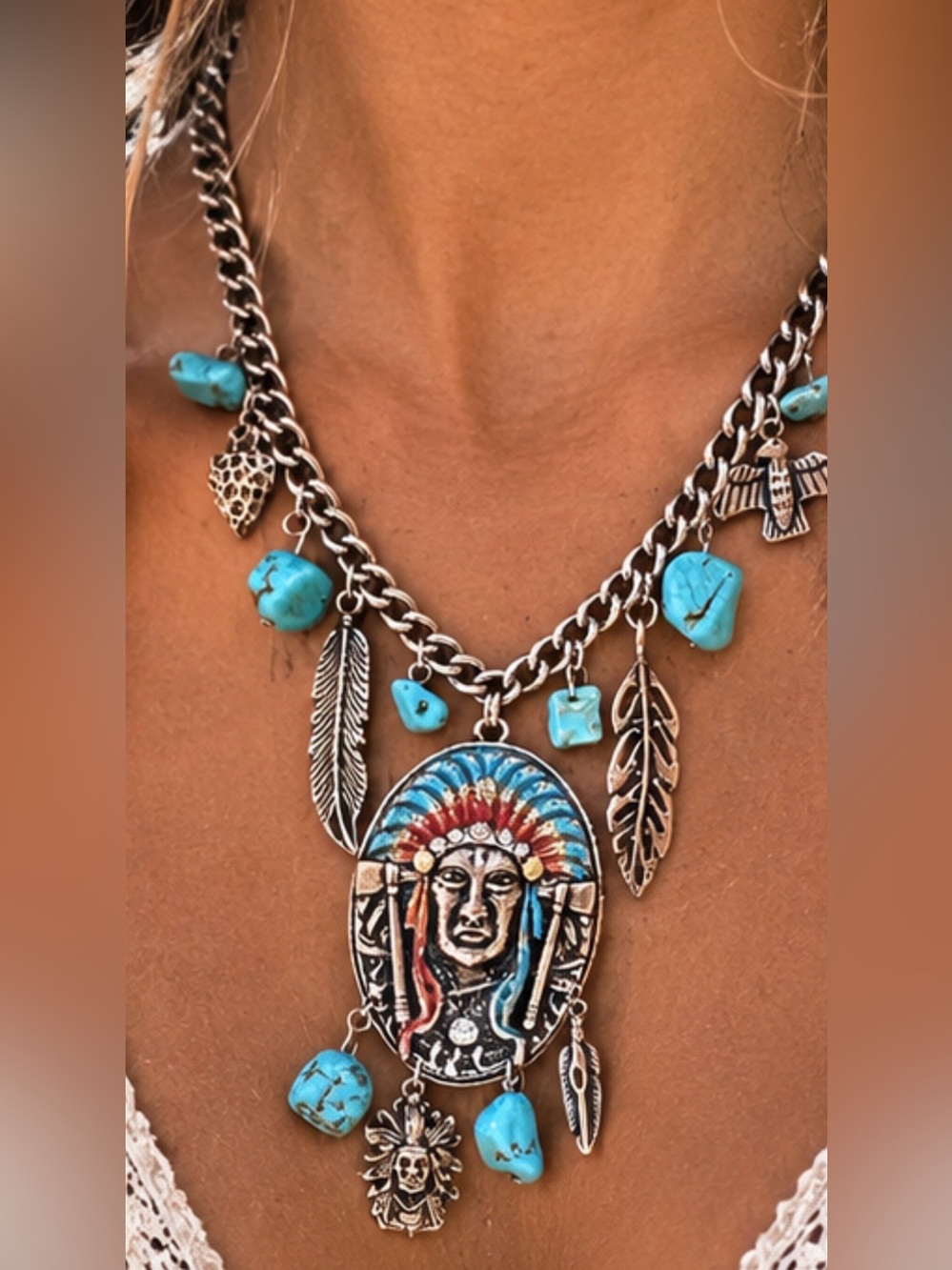 Turquoise and Silver Native-Inspired Charm Necklace
